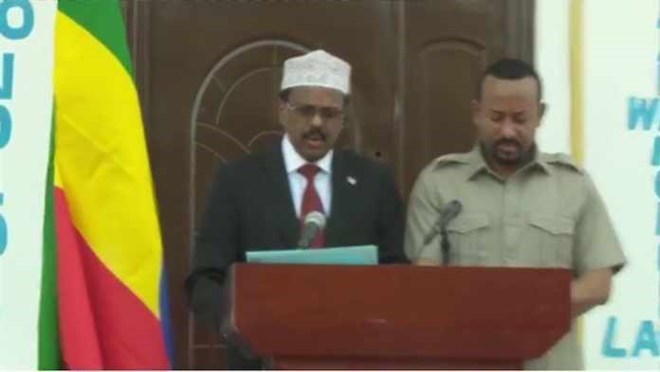 President Mohamed Abdullahi Farmajo (left) and Ethiopian PM Abiy Ahmed during press conference in Mogadishu on Saturday, 16th June 2018